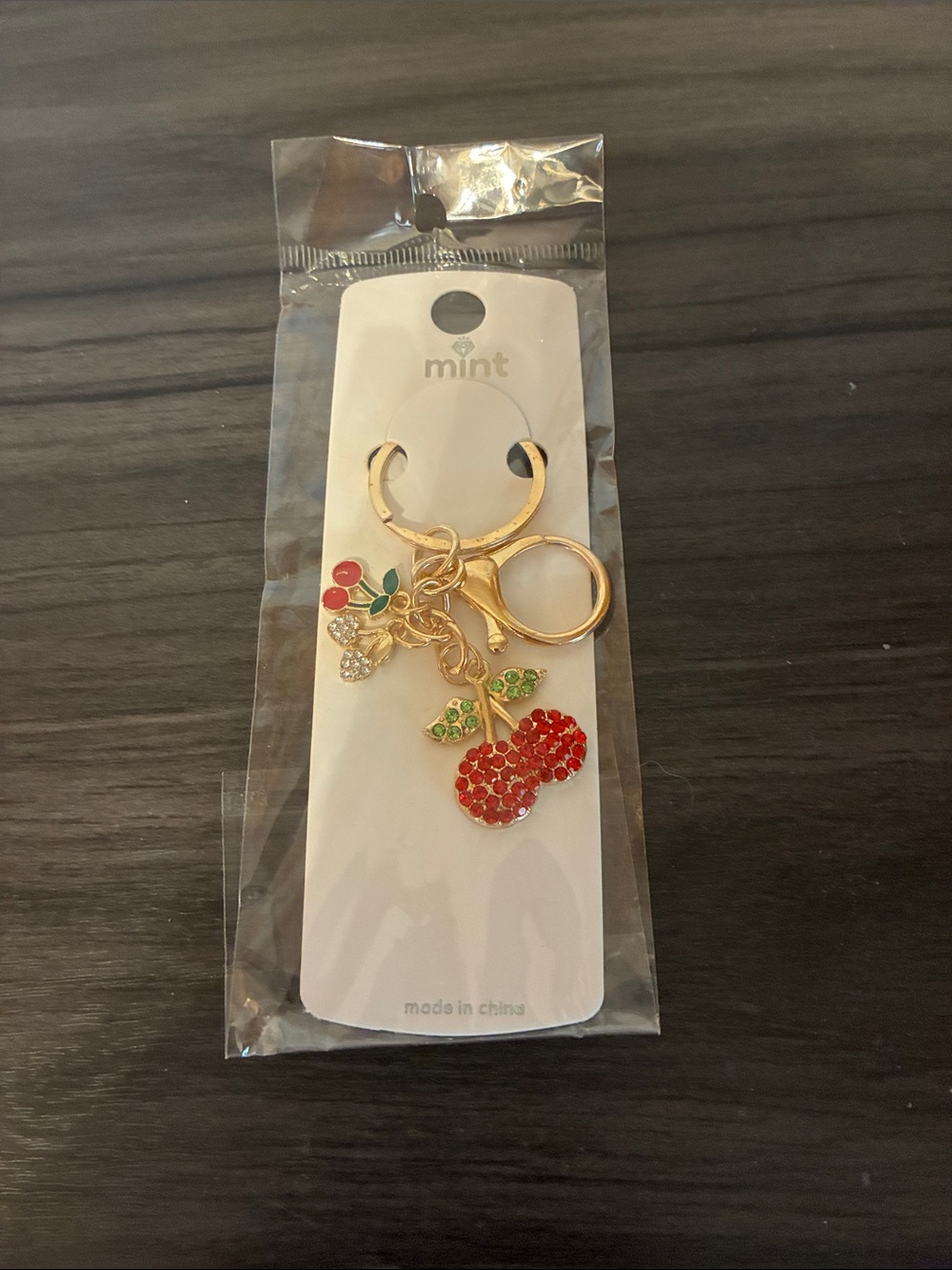 Gold Cherry Crystal Keychain Rhinestone Charm Bag Clip Red Green - Picture 2 of 5